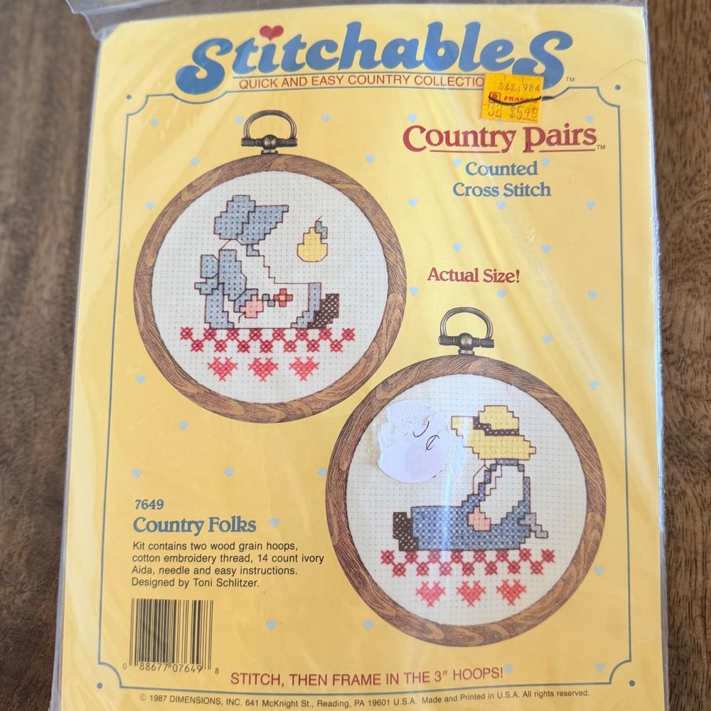 Vintage 1987 Stitchables Country Folks Counted Cross Stitch Kit Sealed 3" hoops